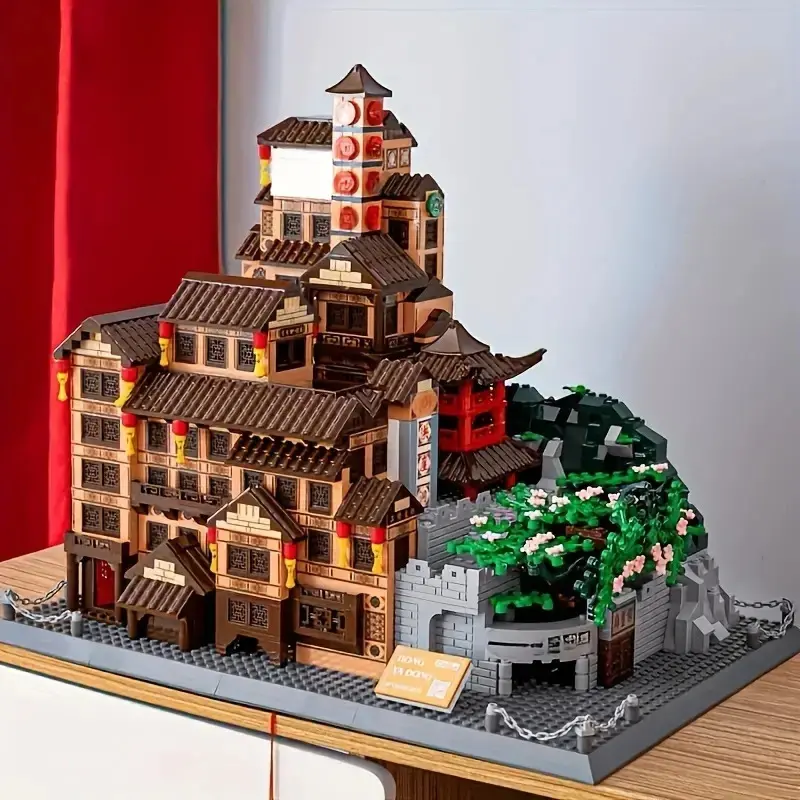 3687-Piece Hongyao Cave Building Block Set - Mixed Colors, Enhances Creativity and Concentration, Features Traditional East Asian Architecture