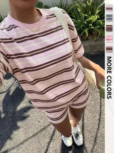 Women's Casual Loose Fit Set, Striped Print Suit, Summer Vacation American Retro Vintage Street Style, Perfect for All-Day Home Wear