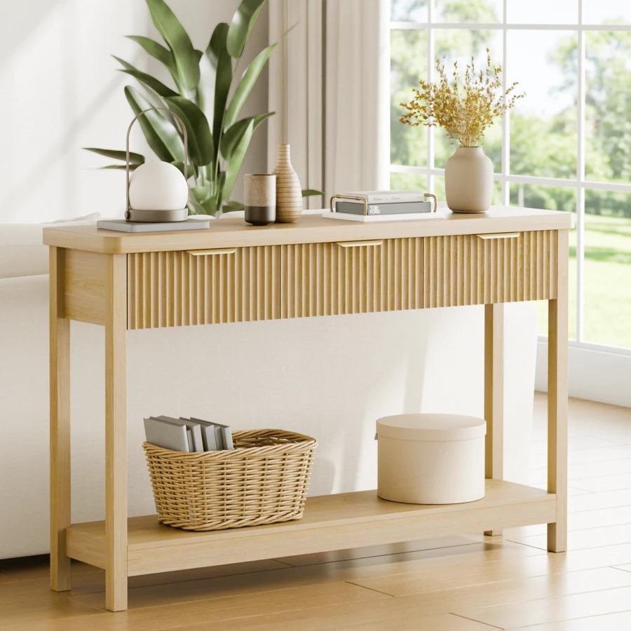 Furniture Fluted Console Table with Drawers, Modern 47.1" Entryway Table with Storage Shelf, Boho Narrow Skinny Behind Couch Wood Sofa Table for Living Room Hallway Entrance Foyer