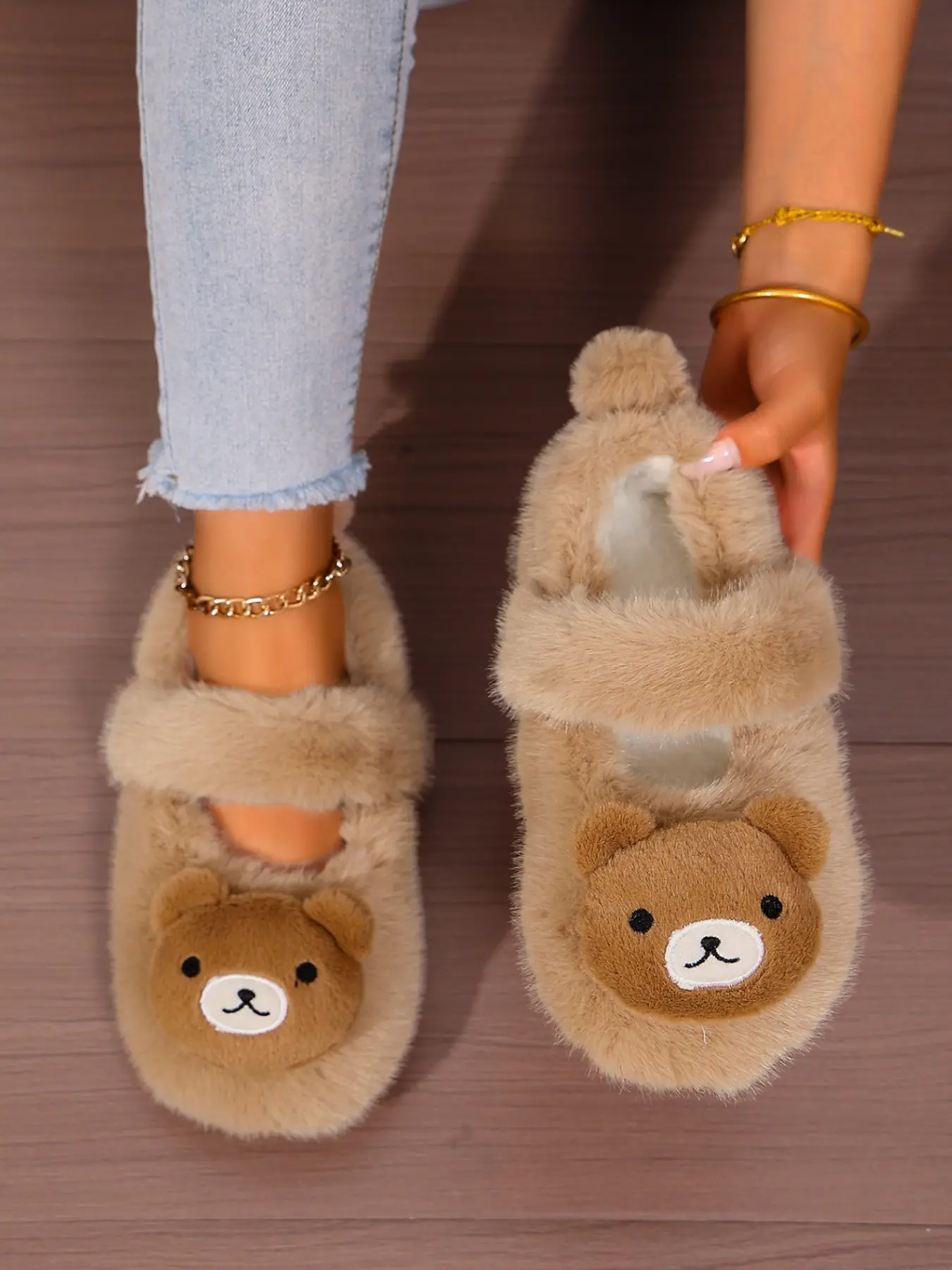 Women's Plush Bear Decorative Tie-On Shoes, Fall Winter Fashion Cartoon Bear Cotton Slippers, Anti-Slip Thick Sole Warm Indoor Outdoor Wear