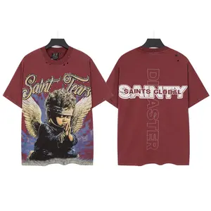 Saint Tears Double Sided Praying Angel Graphic T-Shirt, Vintage Burgundy Washed Rivet Hole Distressed Oversized Cotton Tee For 4th Of July Summer Hip Hop Streetwear Outfit