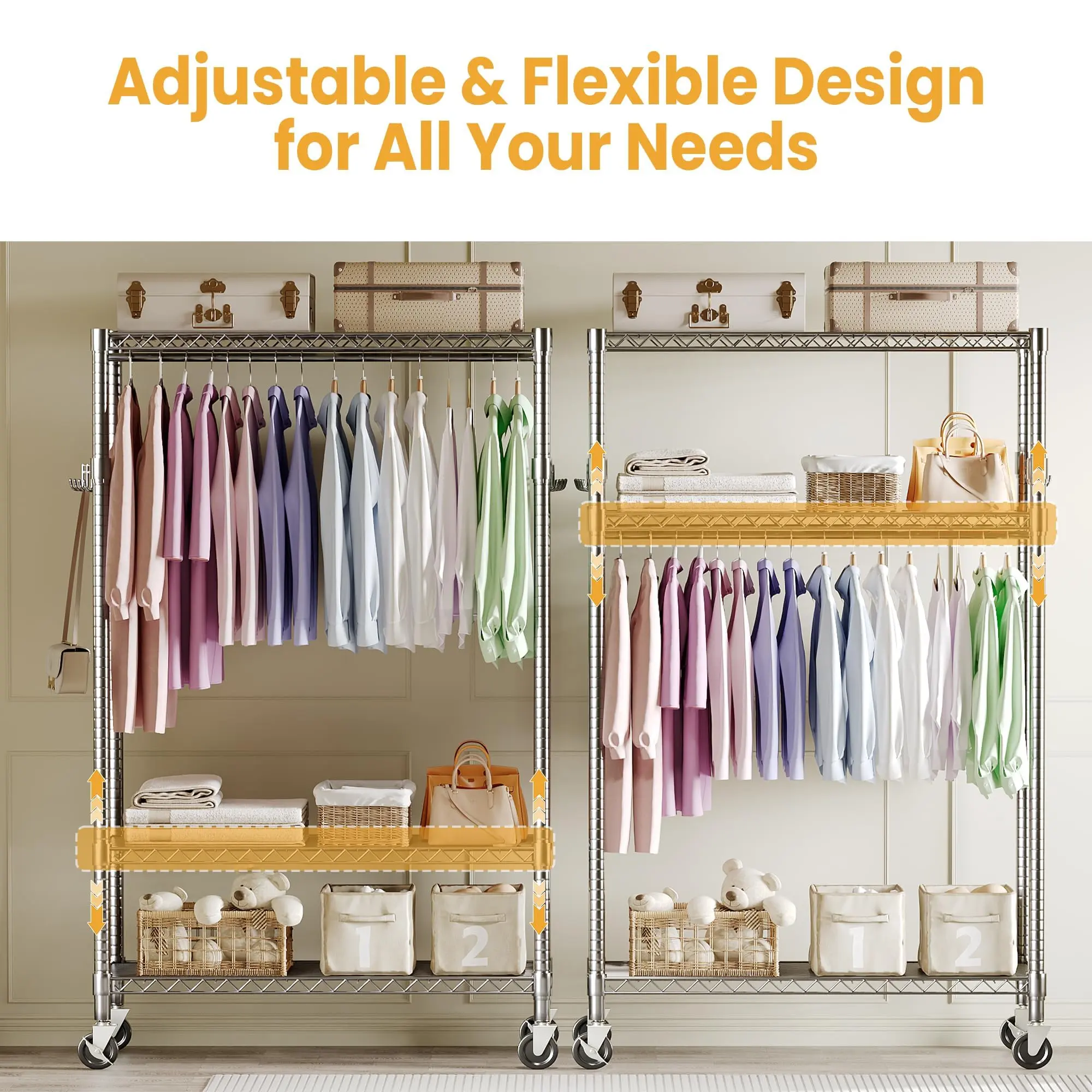 Garvee Heavy Duty Metal Garment Rack with Wheels – Freestanding Closet Organizer – Adjustable Shelves & Double Hanging Rods – Side Hooks for Extra Storage – Max Load 730 lbs – 80"H x 45"W x 16"D