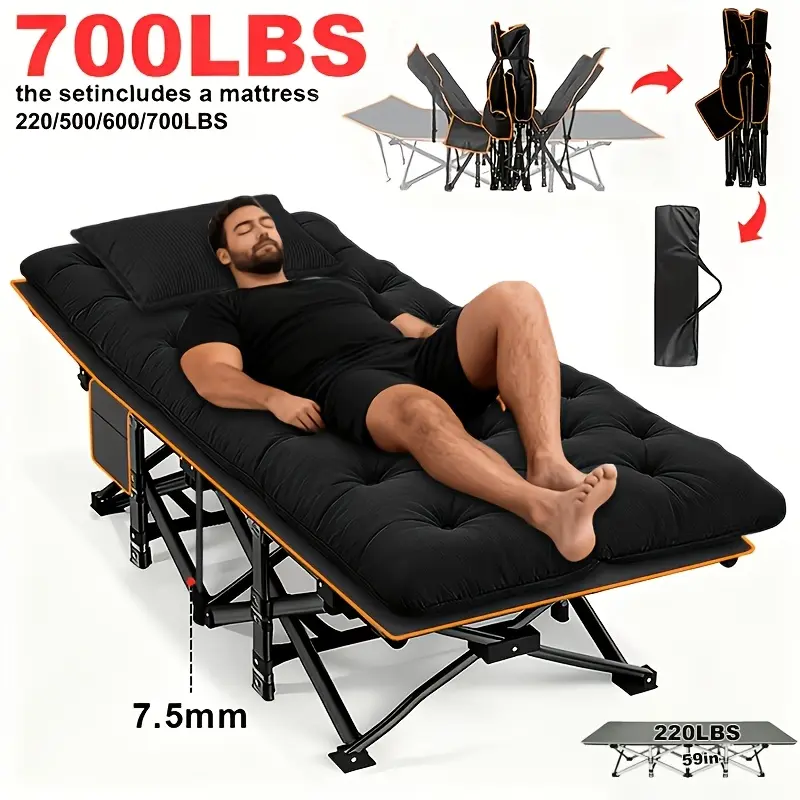 59/75-Inch Comfort Folding Bed: [Comfortable Folding Camping Bed], Extra Large Thickened Folding Bed with Mattress. Weight Capacity 220/500/600/700 Lbs Camping Cot, Portable Guest Bed, Ergonomically Designed Sturdy Frame, Ideal Patio Sofa