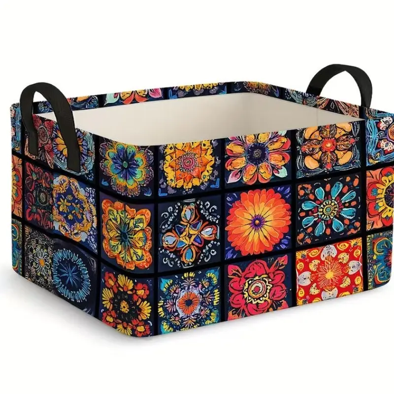 1pc Large Bohemian Foldable Storage Basket with Collage Patterns - Oversized Box Suitable for Clothes,, Blankets, & Home Organization, Foldable Basket with Sturdy Handles for Gift Organizer Decor