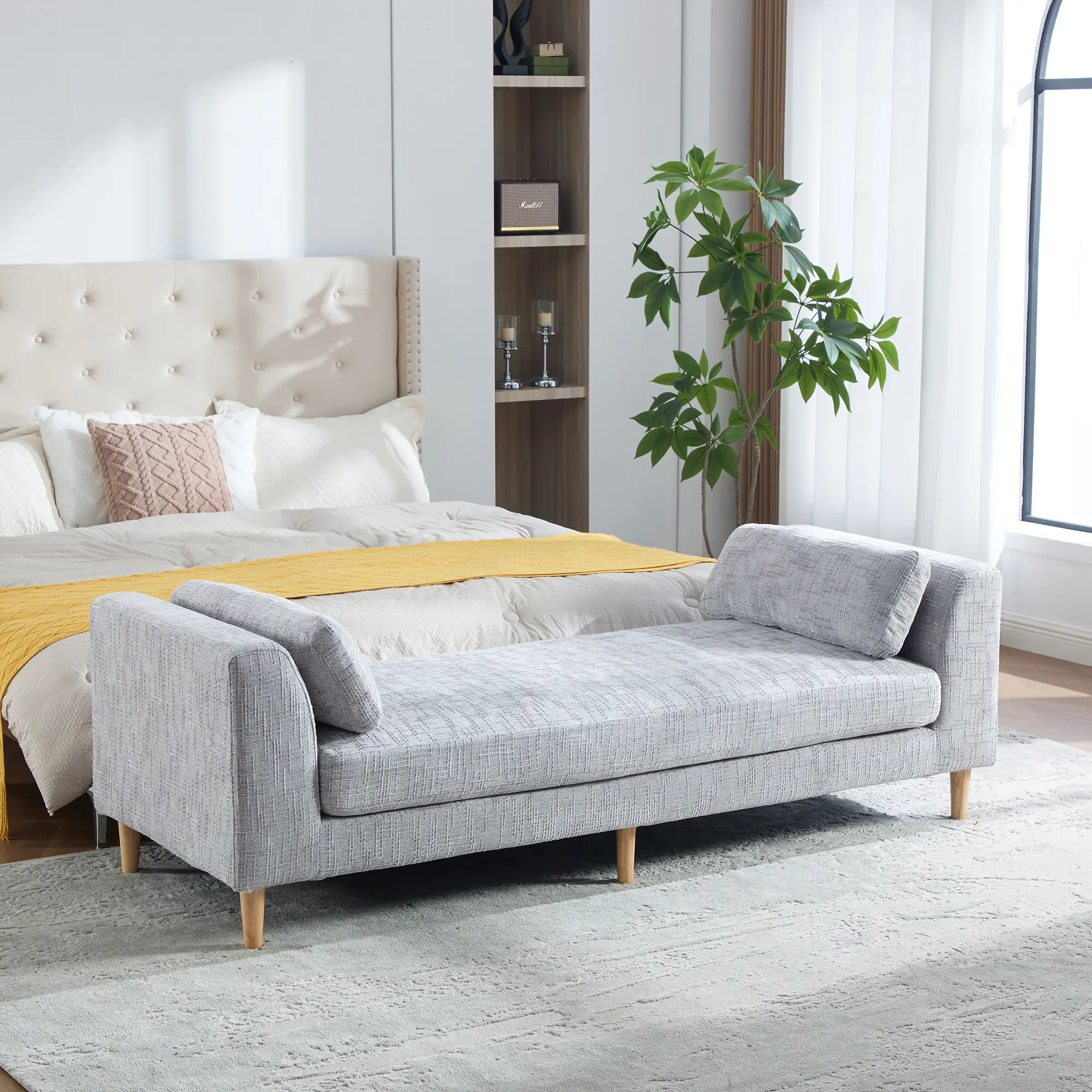 ARCH Modern Upholstered Chaise Lounge Couch with Armrests, 83.1" Wide Chenille Sofa Daybed with 2 Bolster Pillows, Solid Rubberwood Legs, Breathable Fabric, Gray, for Living Room Bedroom Apartment Guestroom, Gray Color Options, Polyester Material