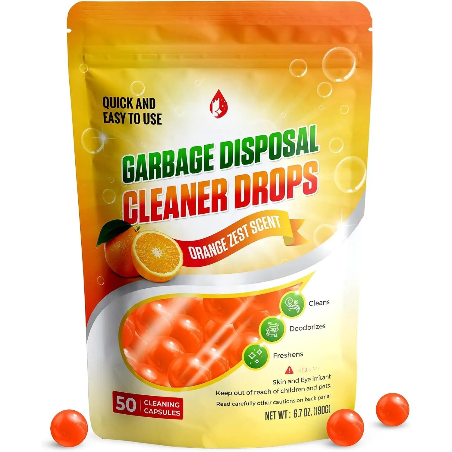 Household Synthetic Cleaning Garbage Disposal Cleaner & Deodorizer Drops - 50-Count Orange Scented Kitchen Care Sink Freshener Pods for Drain Freshening & Disposer Care, Resealable Bag