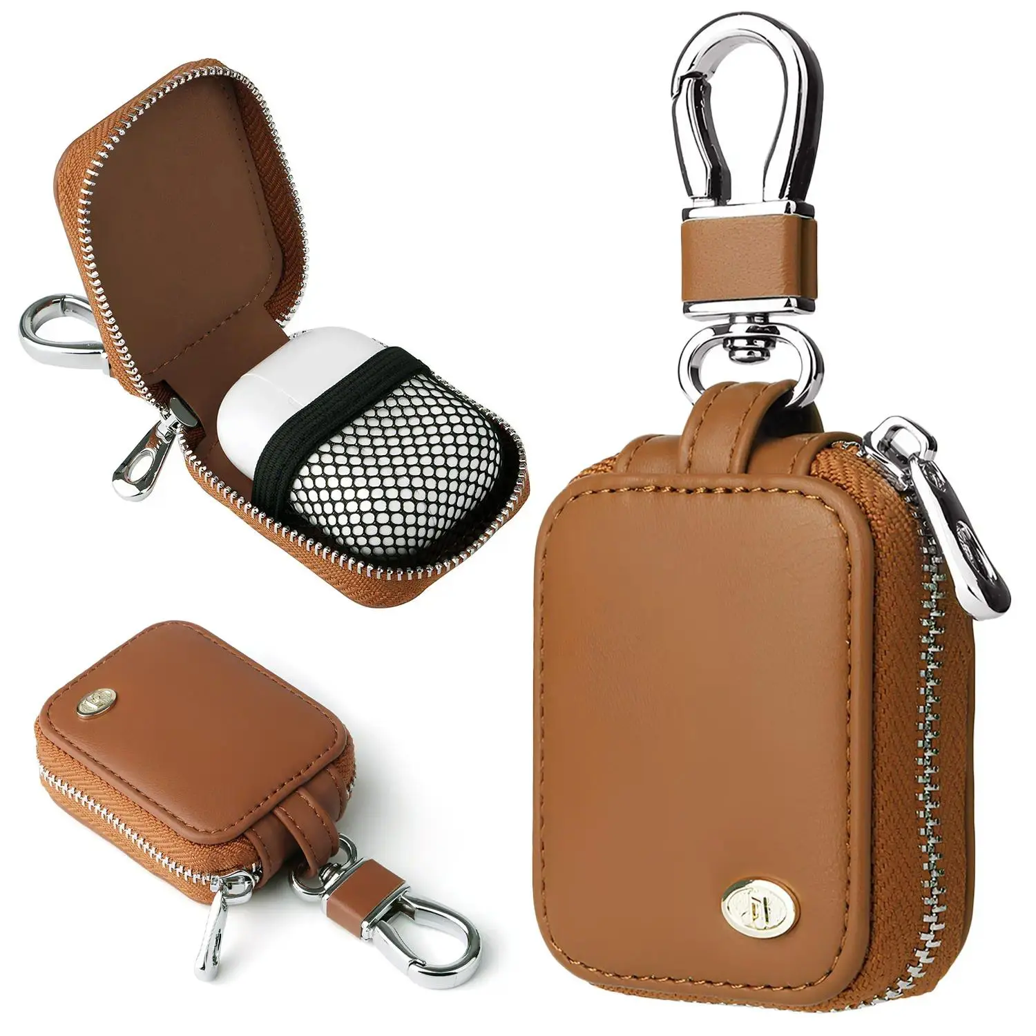 PU Leather Universal Earbuds & Headphones Case for AirPods 4/3/2/1, AirPods Pro 3/2/1 & Wired Models, Compact Shockproof Dustproof Protection Pouch with Mesh Pocket, Keychain for Travelers, Audio Accessories