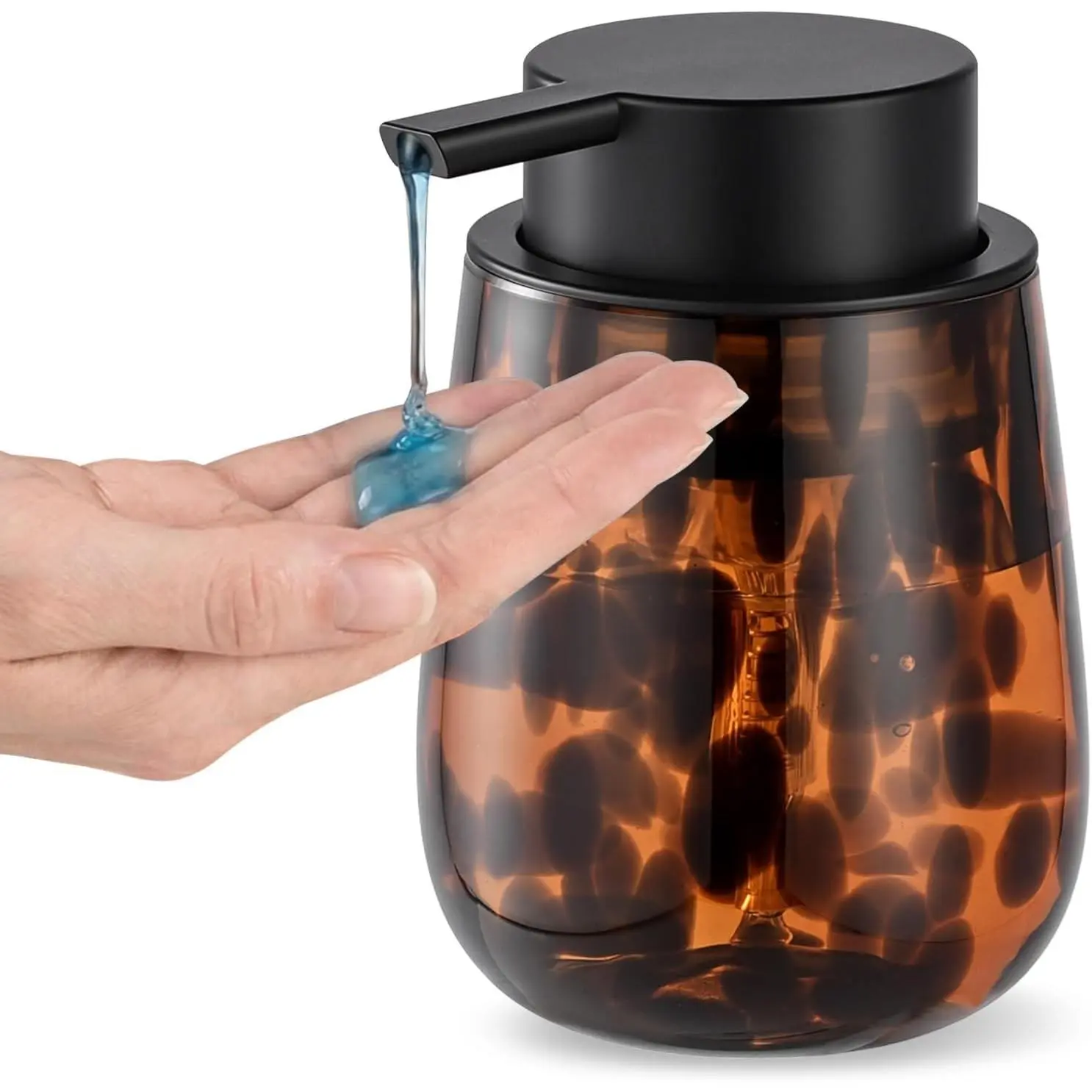 Marble Glass Liquid Soap/Lotion/Hand Sanitizer Pump Dispenser, Refillable for Kitchen and Bathroom Countertop (Amber)