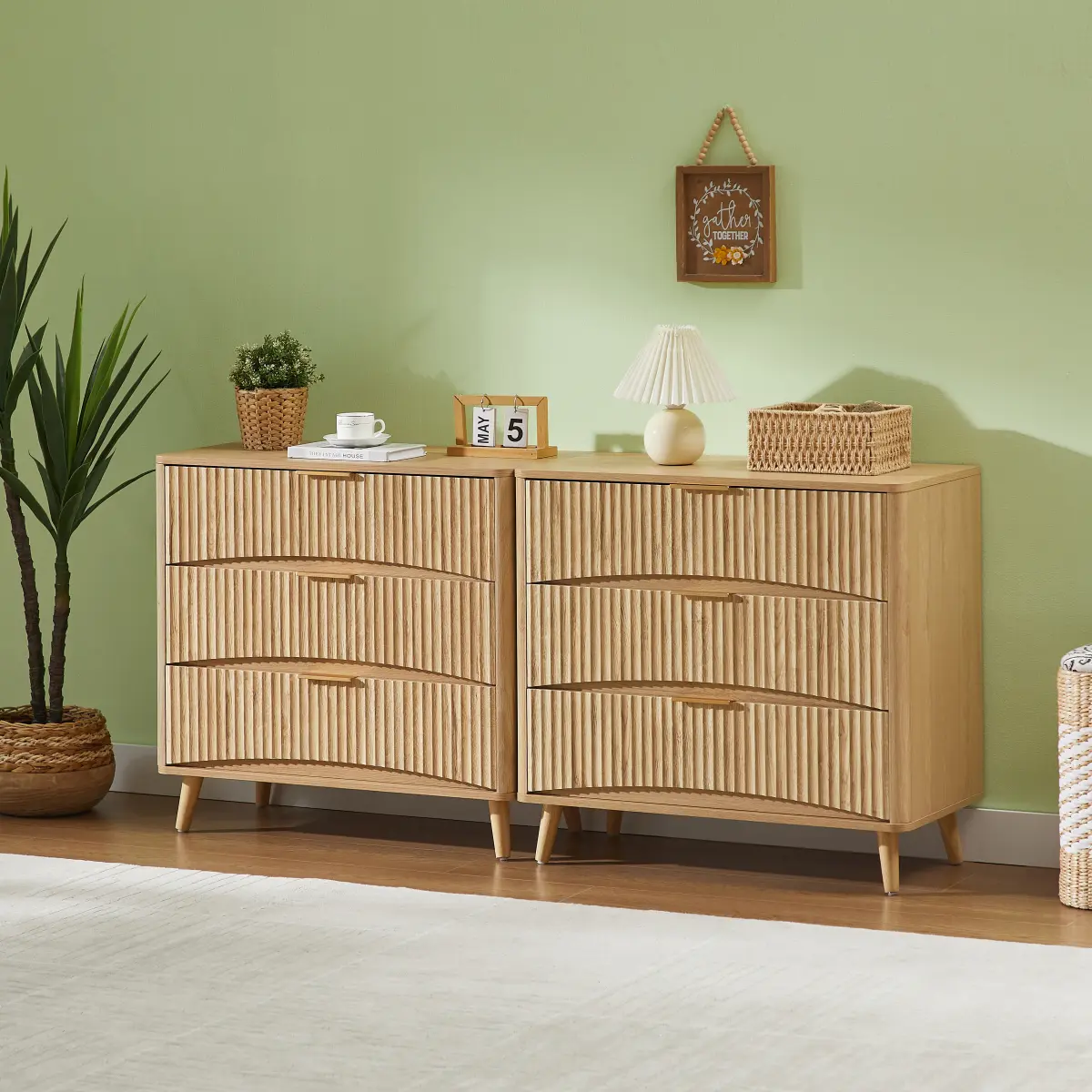 Aobtkel 2-Piece Fluted 3-Drawer Dresser Set, Modern Tall Vertical Grooved Wood Storage Cabinet with Metal Handles, 23.6x15x30" for Bedroom Living Room