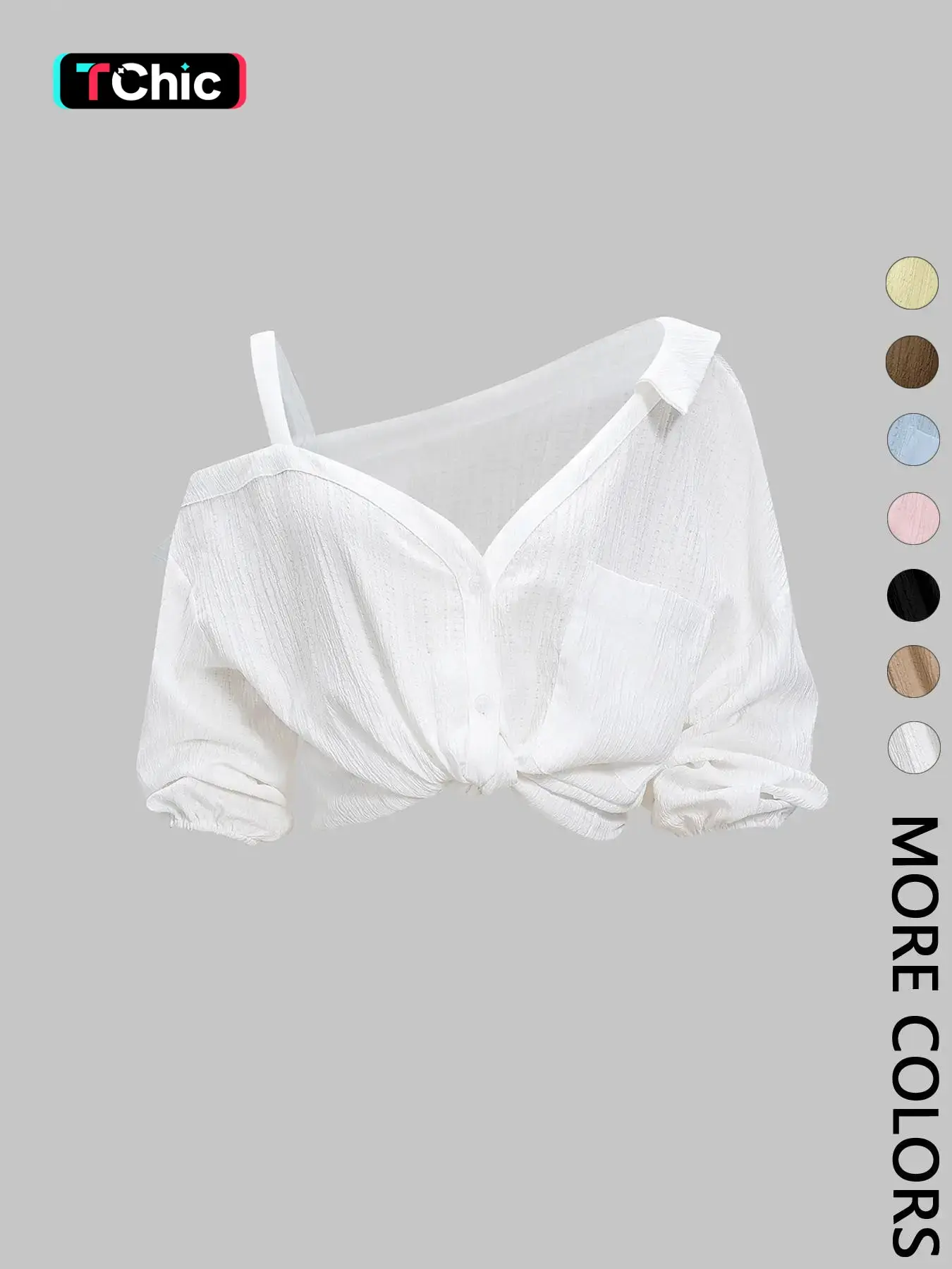 1 Spring Summer Asymmetric Cold Shoulder Blouse Women Shirts Top | Collared Button Down Textured Fabric 3/4 Sleeve | Clean Girl Casual Chic Style for Daily Vacation Beach Travel