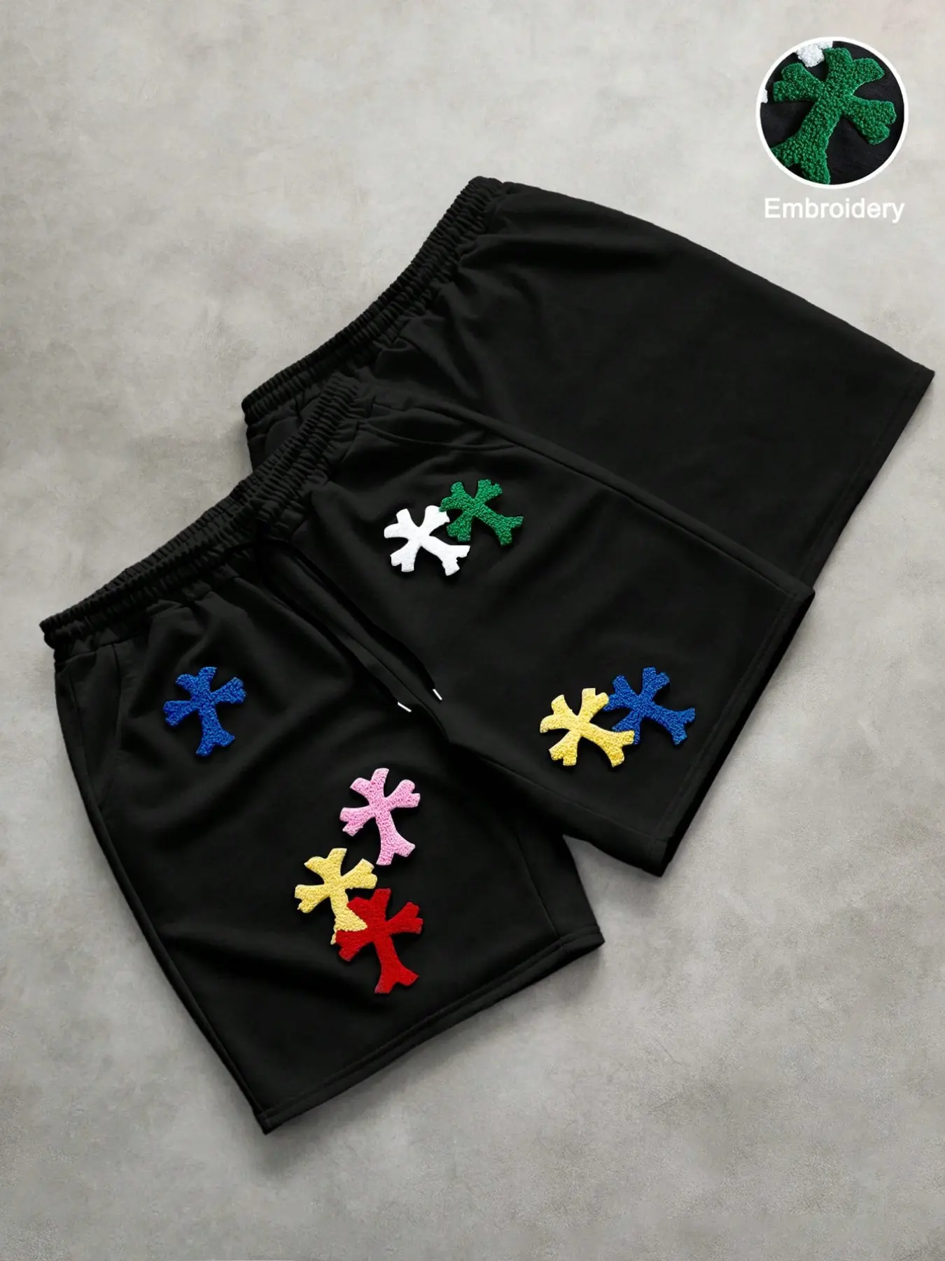 Men's Vintage Cross Patchwork Embroidered Sweatpants, Loose-Fit Street Style, Casual Sport Pants, All-Season Five-Pocket Sports Pants