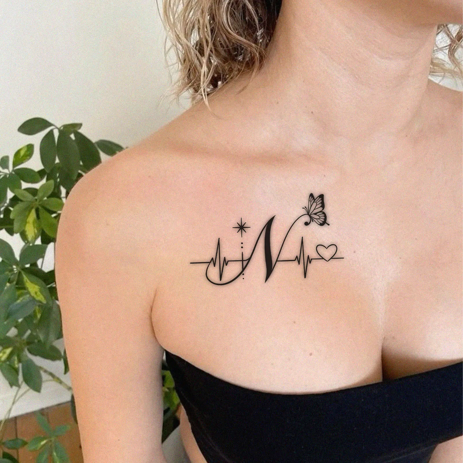 4PC Disposable Small-Size Tattoo Decals, Viral Ins Letter N-Butterfly-Heartbeat-Star Patterns, Minimal Collarbone Body Decor, Waterproof Long-Lasting Skin Accessory for Daily Casual Look (Sports & Outdoor Accessory)