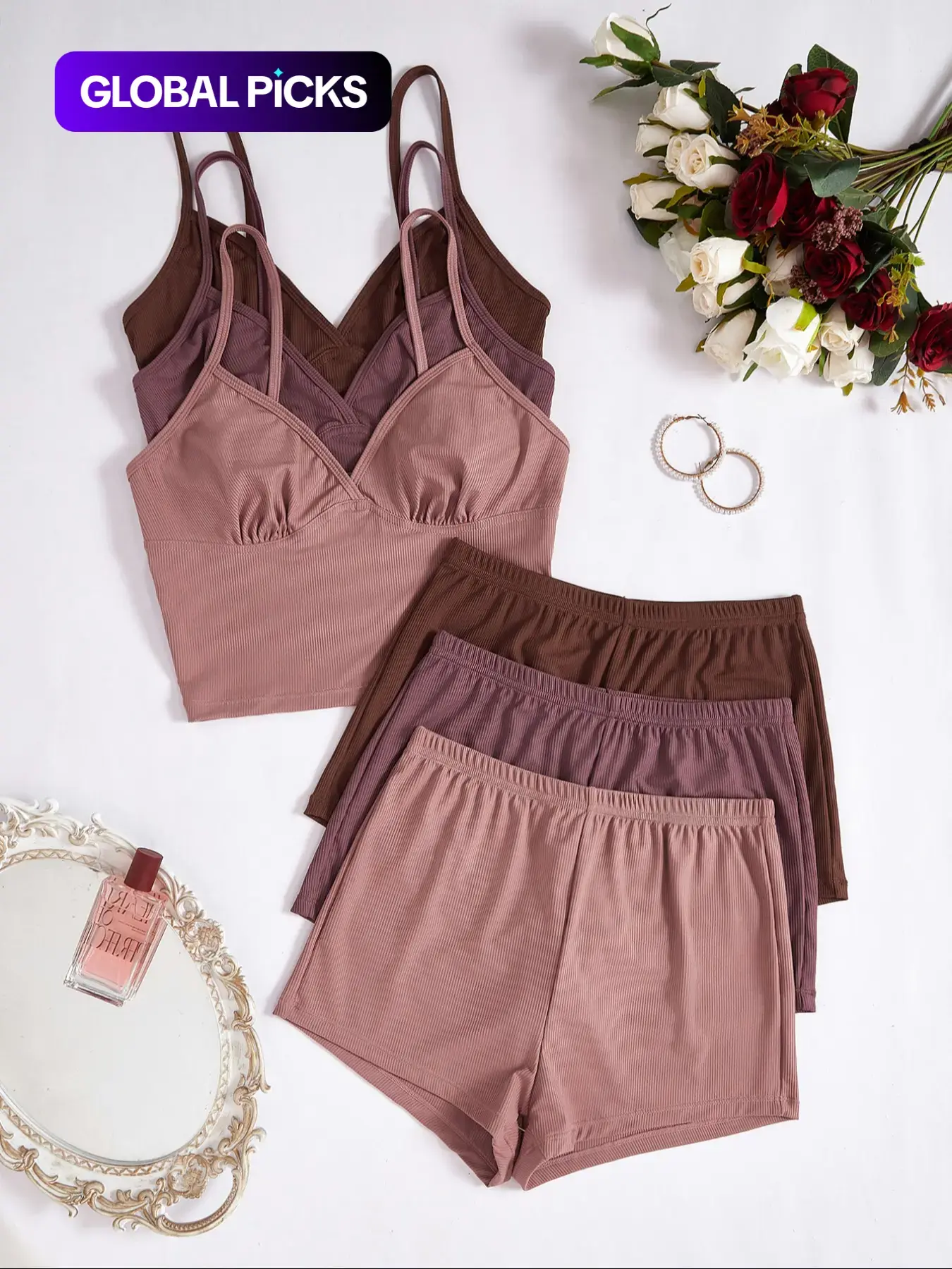 Women's Basic Solid Color Crop Cami Top & Medium Elastic Waist Shorts Pyjama Set, Casual Comfy Chic Spaghetti Strap Camisole & Shorts Pj Set, Ladies Summer Sleepwear #GLOBAL PICKS