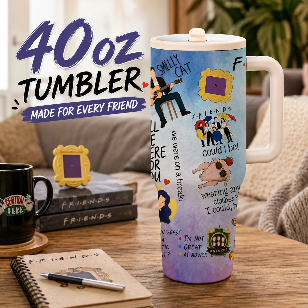 1 Pc 40oz Friends Inspired Insulated Vacuum Tumbler, Double Wall, Leak-Proof, Keeps Hot for 12hrs, Keeps Cold for 24hrs, Perfect for Daily Use, Office, Coffee Shop, Travel, Stylish & Durable, Ideal Gift for Sitcom Fans, Friends, Birthdays, Holidays