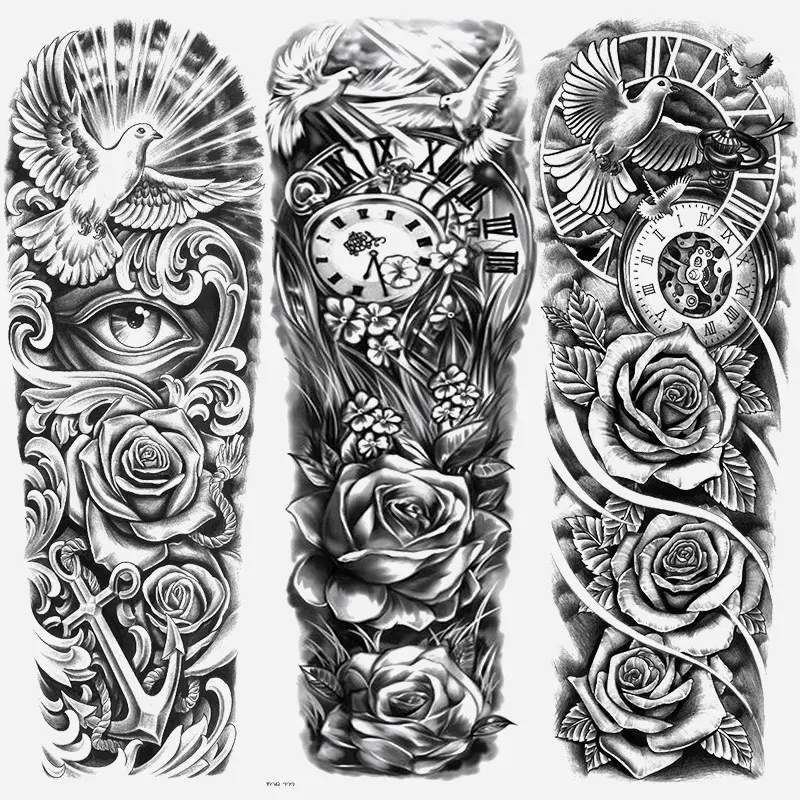 3 Pack Full Arm Floral Temporary Tattoo Stickers, Waterproof Realistic Dove Rose Compass Clock Designs, Unisex Party Daily Use