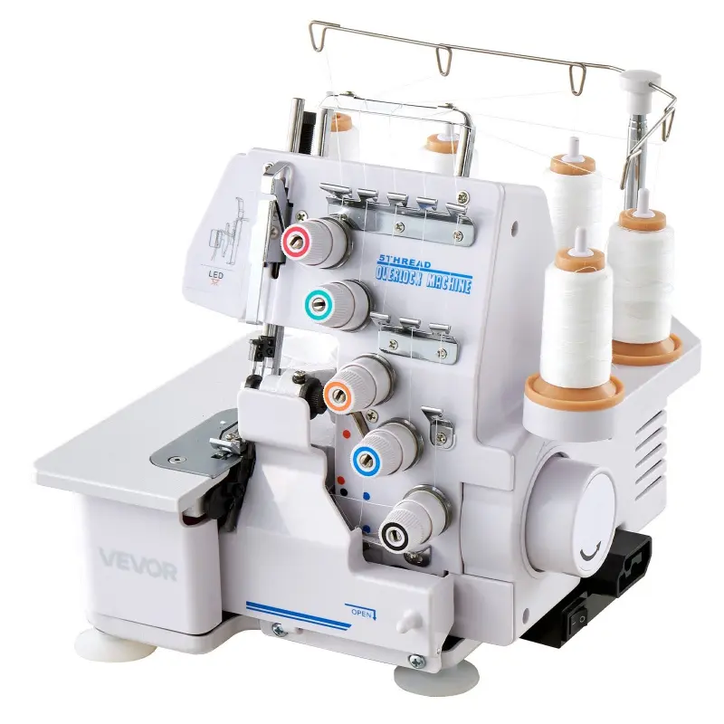 【Summerfinds】VEVOR Heavy-Duty Serger Overlock Sewing Machine, 1250 Stitches/Min, 2/3/5-Thread Versatility, 112W Motor, LED Light, Strong Suction Feet, Metal Frame, for Home Use & Various Fabrics, White