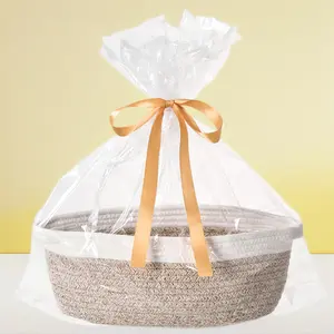 White and Brown Small Woven Gift Basket 12x8x5 Inch Empty with Bag and Ribbon Cotton Rope Storage Basket for Dog Toys Shelf Mom Gift Baby Shower Birthday Raffle