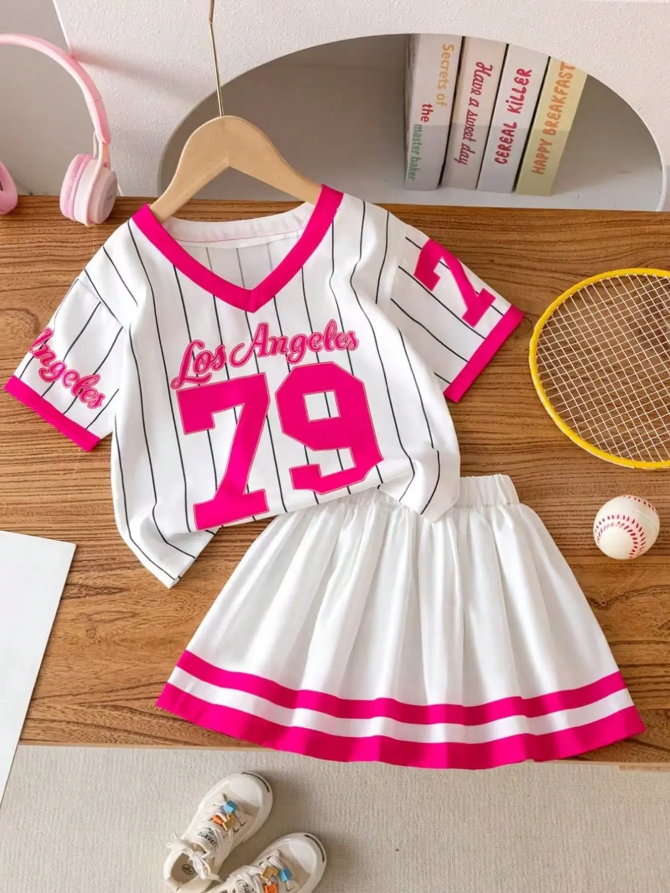 2pcs Girls Baseball, Preppy Striped V-Neck T-Shirt + Pleated Skirt Athletic Set, Soft Casual Sports Tracksuit for 4-12y Kids, Fall & Winter School Wear