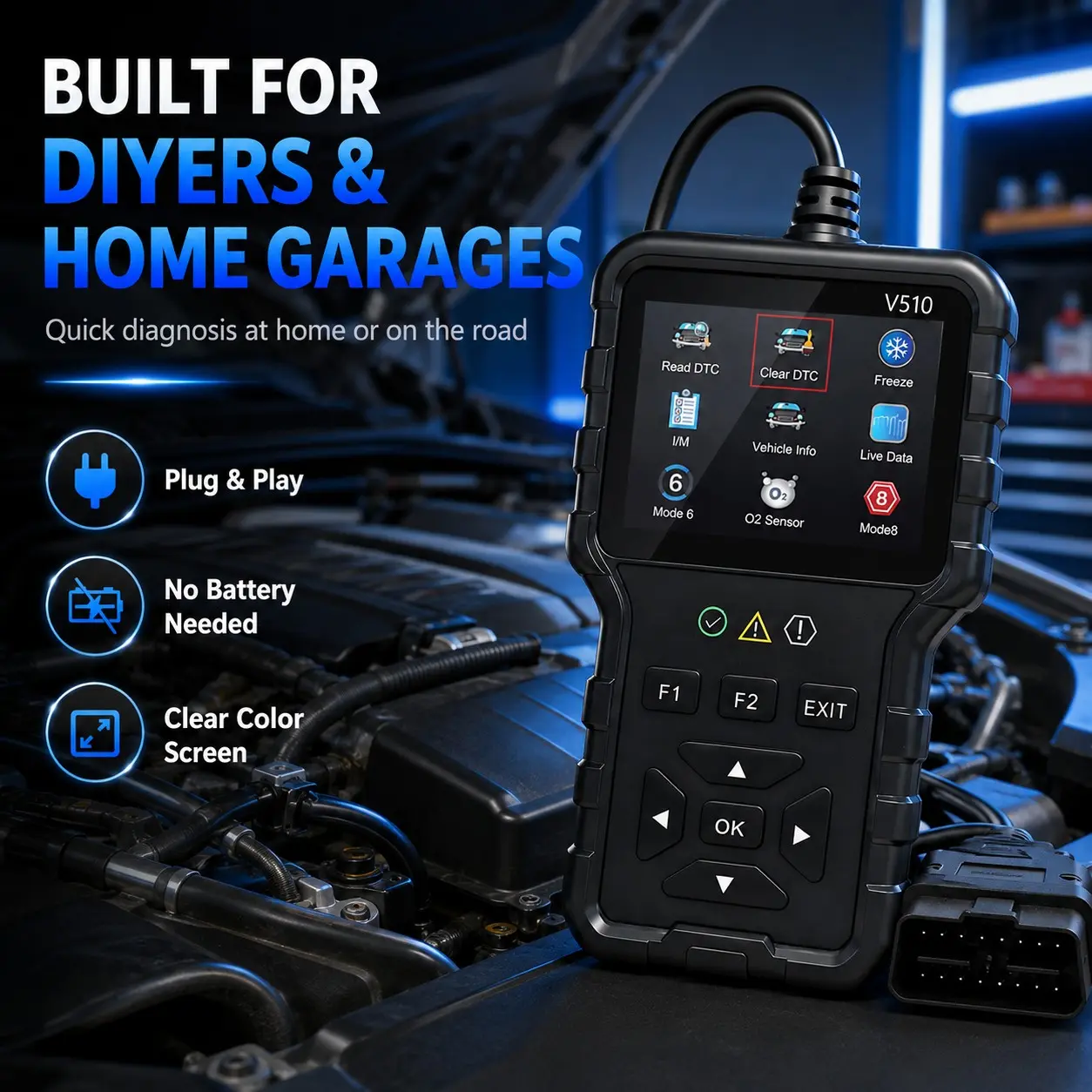 Obd2 Car Scanner V510 with Battery Test, Automotive Auto Diagnostic Tool for Engine Light, Fault Code Reader for 12V Vehicles