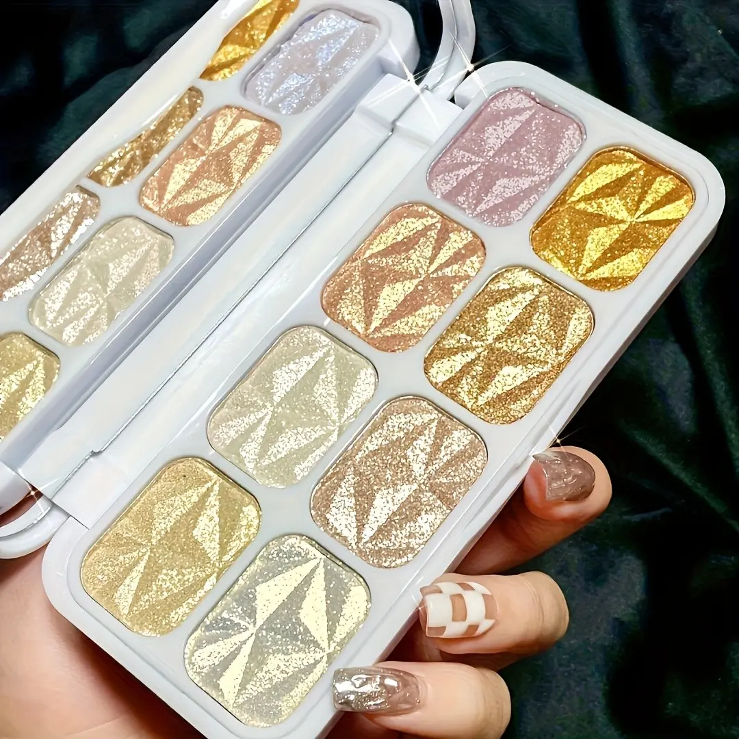 8 Color Diamond Glitter Shimmer Eyeshadow Palette, Long-Lasting Waterproof Makeup, Metallic Gold, Portable Mirror, Compact, Party & Holiday Beauty