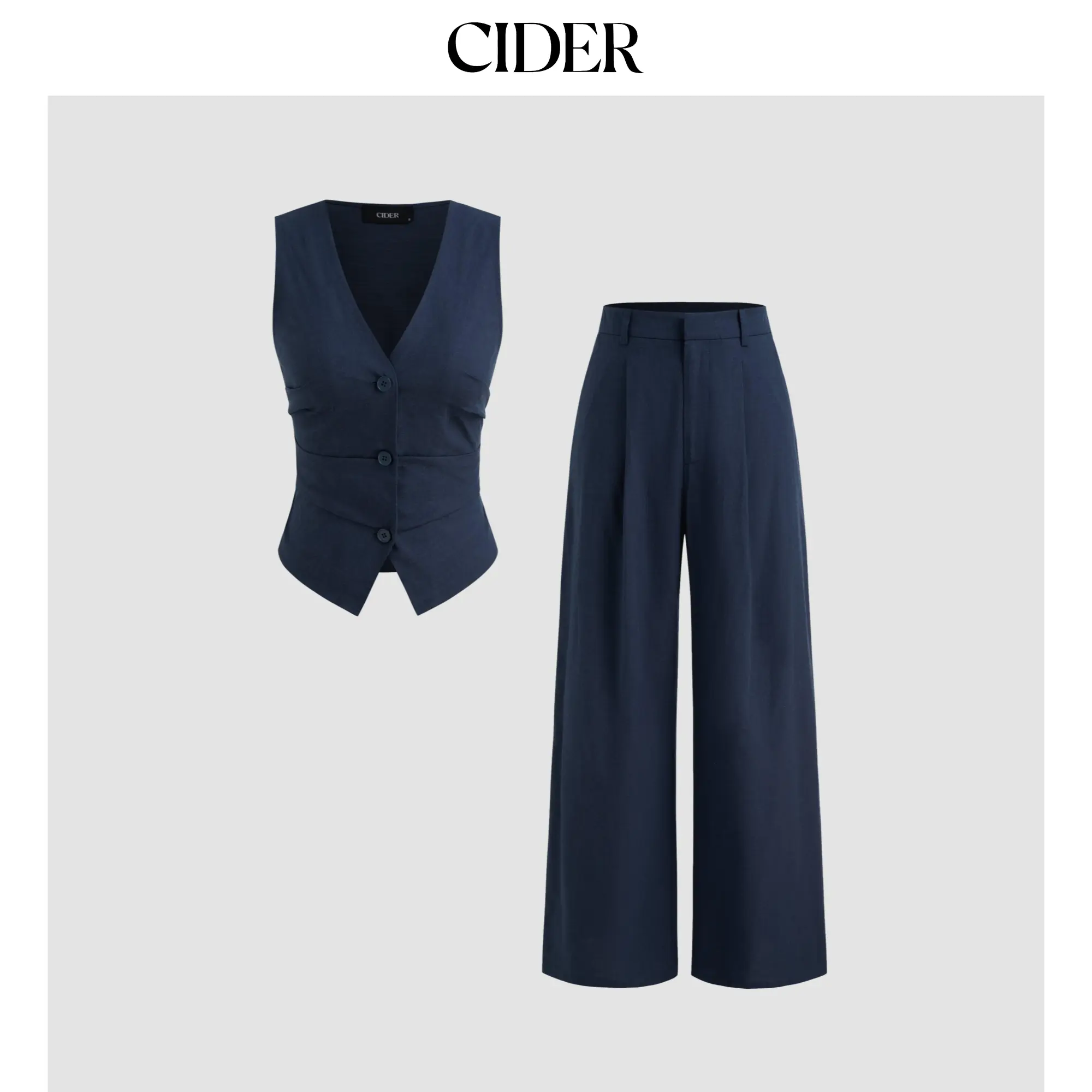 Cider Cotton-blend V-neck Solid Button Vest & Mid Rise Pocket Wide Leg Trousers SohoChic
