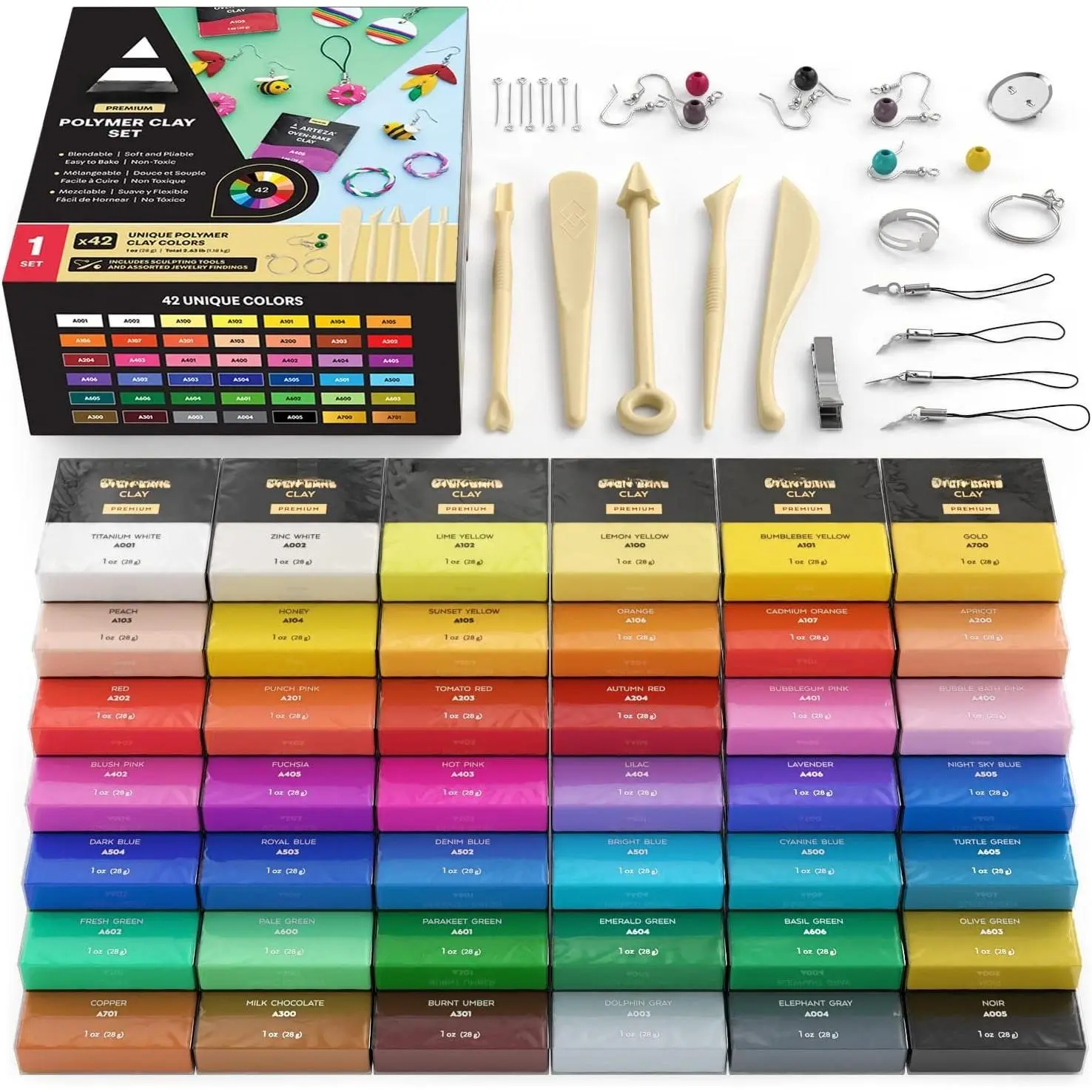 Polymer Clay Kit, 42 Colors with 5 Tools &  Findings, Oven-Bake Modeling Clay for Earrings, Charms, Miniatures,  & DIY Crafts