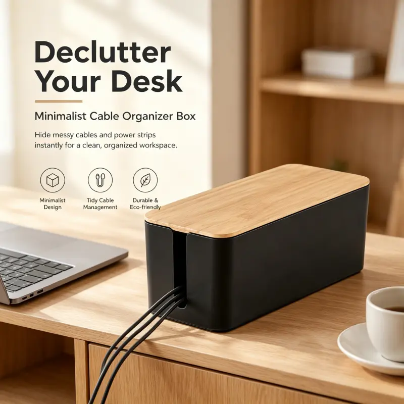 Minimalist Desk Wire Storage Box Bamboo Top Cable Management Holder Conceal Power Strip & Messy Charging Cords Space Saving Organizer Cable Organizers
