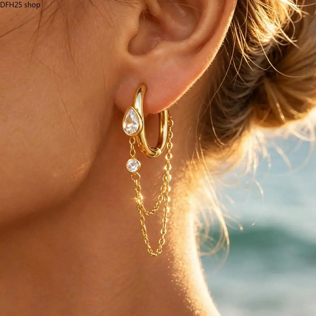 Waterdrop Huggie Hoop Earrings for Women, Gold Tone Crystal Dangle Jewelry with Sparkling Teardrop Detail for Daily Wear, Parties and Dressy Outfits