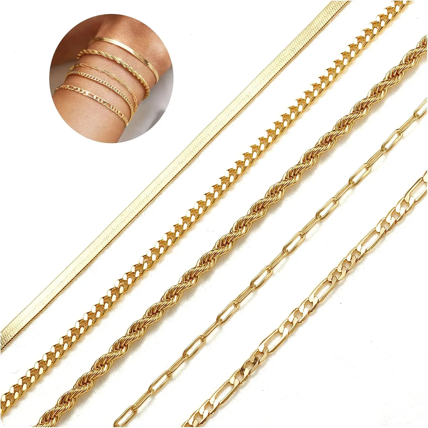 5/6Pcs  Plated Bracelets for Women Trendy, S925 Plated  Bracelet Stack, Non Tarnish  Bracelets for Women, Paperclip Herringbone Figaro Cuban Twist Chains, Size 6.5''+2''