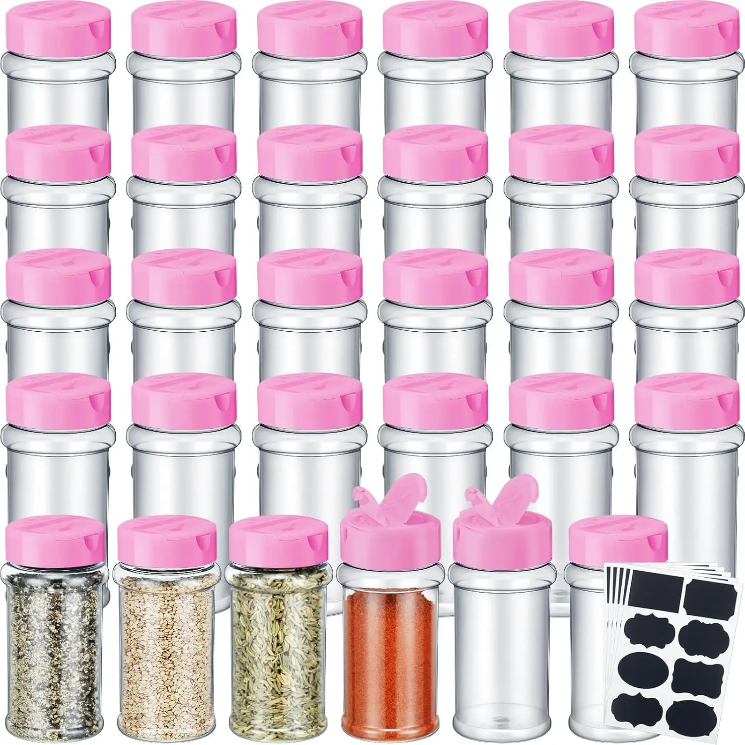 36 Pack 3 oz Clear Plastic Spice Jars with Label and Shaker Lids Empty Spice Bottles Seasoning Containers Seasoning Jars Shaker Condiment Pots for Pepper Herbs Powders (Pink)