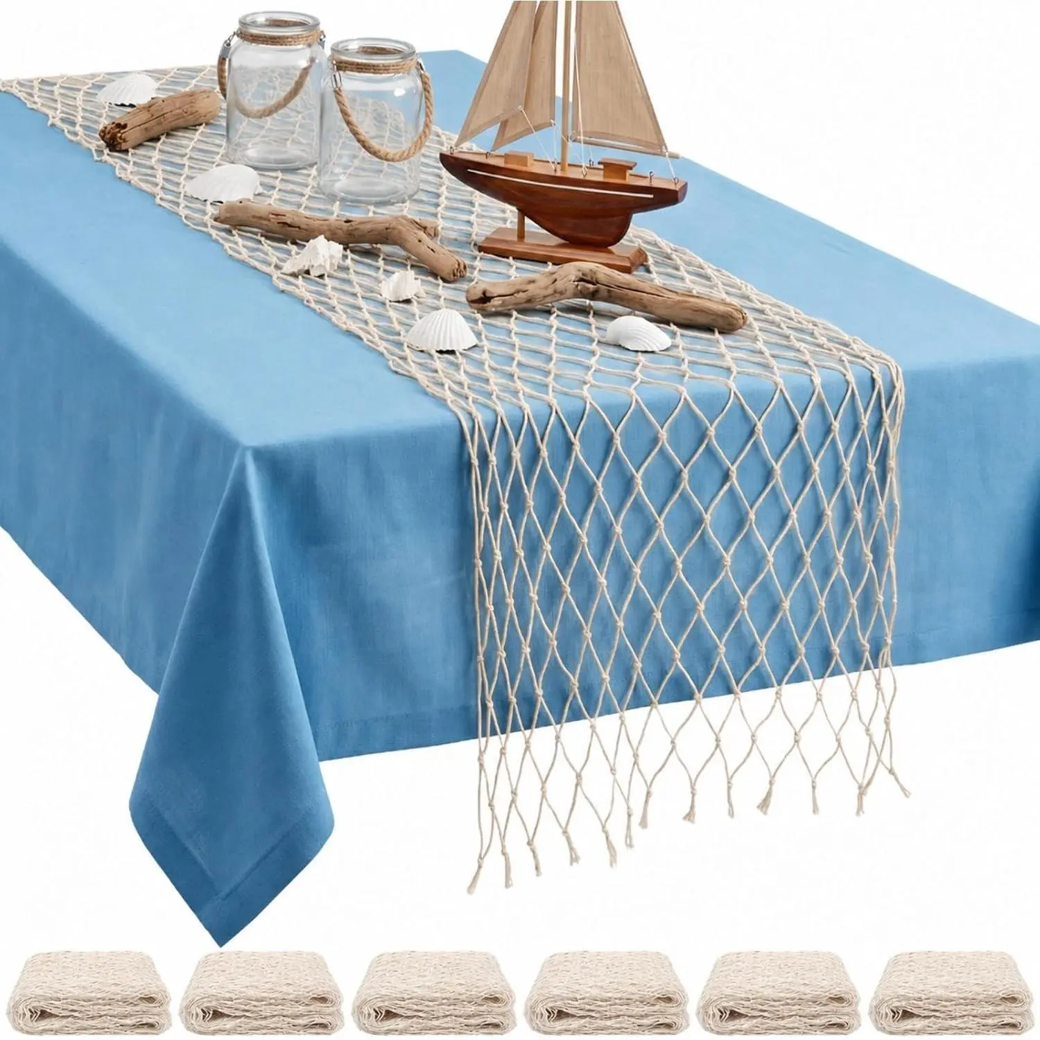 Natural Cotton Fishnet Table Runners (6 Pcs, 12x72 in) - Nautical Fishnet Mesh Decor for Tropical Photo, Wall, Pirate Party Decorations | Kitchen & Tableware Placemat Alternatives, Nautical Theme