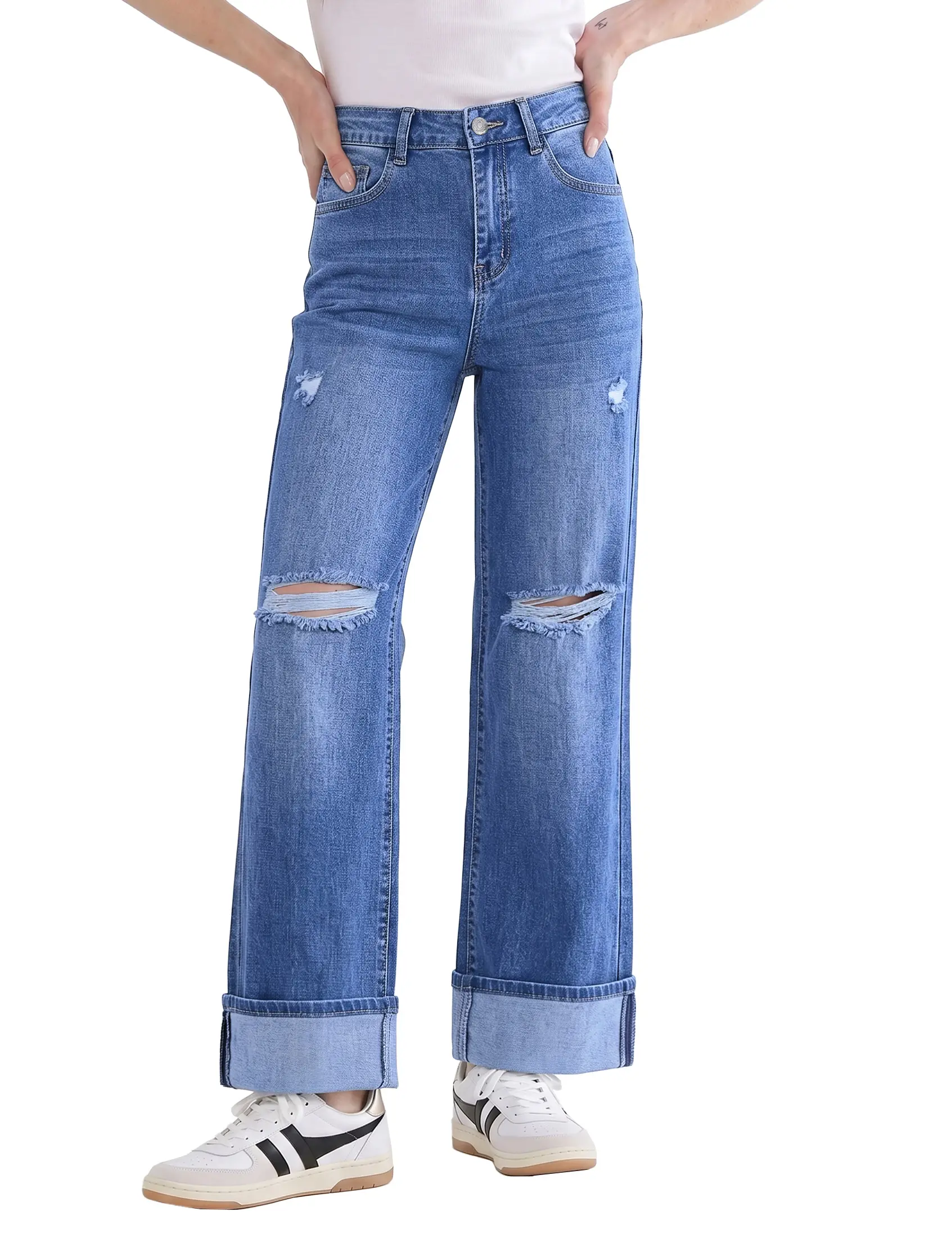 luvamia Wide Leg Jeans for Women High Waisted Stretchy Ripped Denim Pants | Cuffed Ripped Jeans Womens, 90s Baggy Straight, 29 Inseam, Trendy Boyfriend Distressed Roll Hem Jeans, Casual Fall Outfits