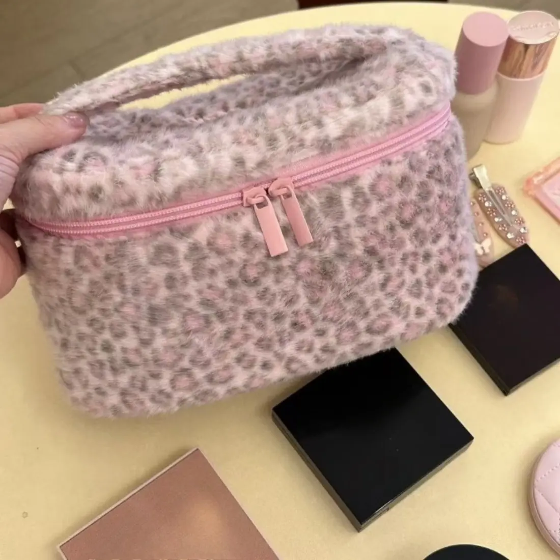 Cute Plush Makeup Bag for Women, Y2K Pink Leopard Faux Fur Cosmetic Pouch with Aesthetic Animal Print Design, Soft Portable Toiletry Organizer for Travel, College, Gym, Vacation, Beauty Essentials & Everyday Storage