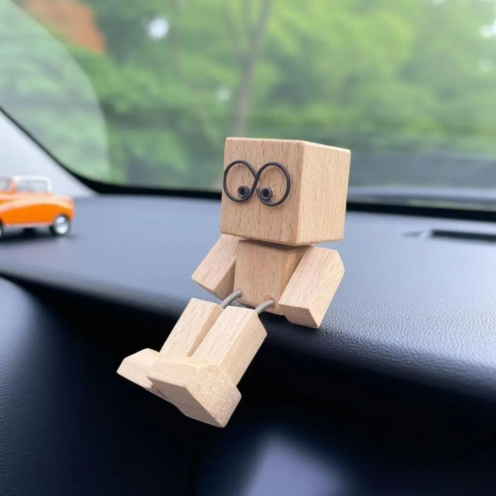 Shaking Feet Wooden Man Doll, Handmade Decor with Magnetic Expressions for Car Dashboard & Desktop