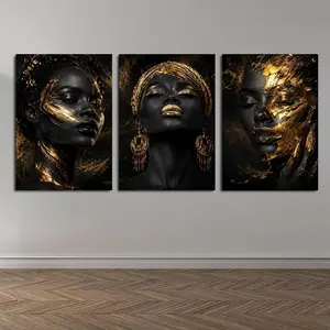 Modern Black and Gold African American Women Triptych Canvas Wall Art, Abstract Luxury Print, Glamorous Decor for Living Room Bedroom Office Hallway, Available as Unframed Canvas Poster or Framed Canvas Wrap
