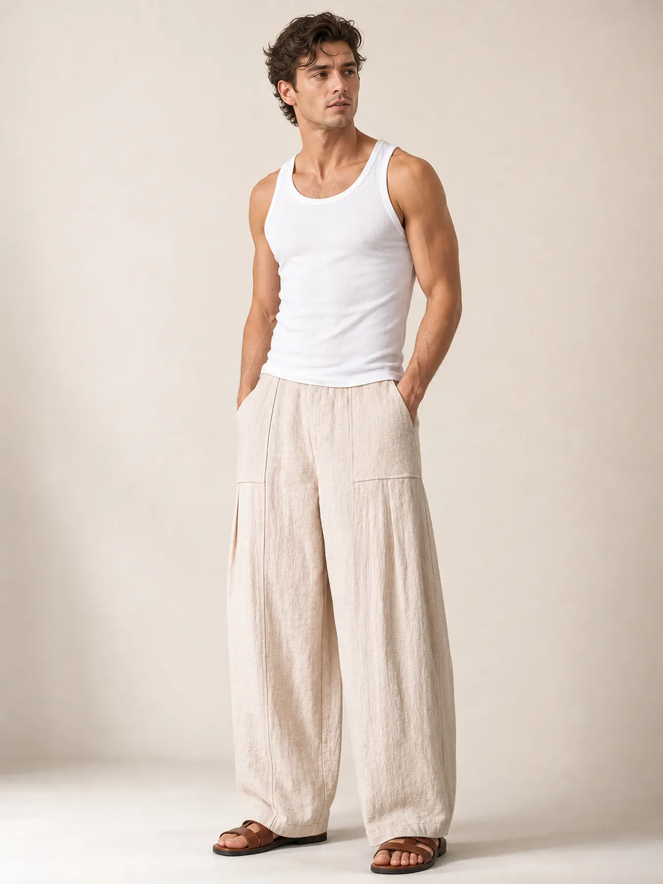 1PC Men's Large Size Traditional Chinese Lantern Pants, Pure Color Hanfu Modified Chinese Style Casual Pants, Lightweight, Breathable and Comfortable, Suitable for Daily Use, Outdoor Activities and Vacation