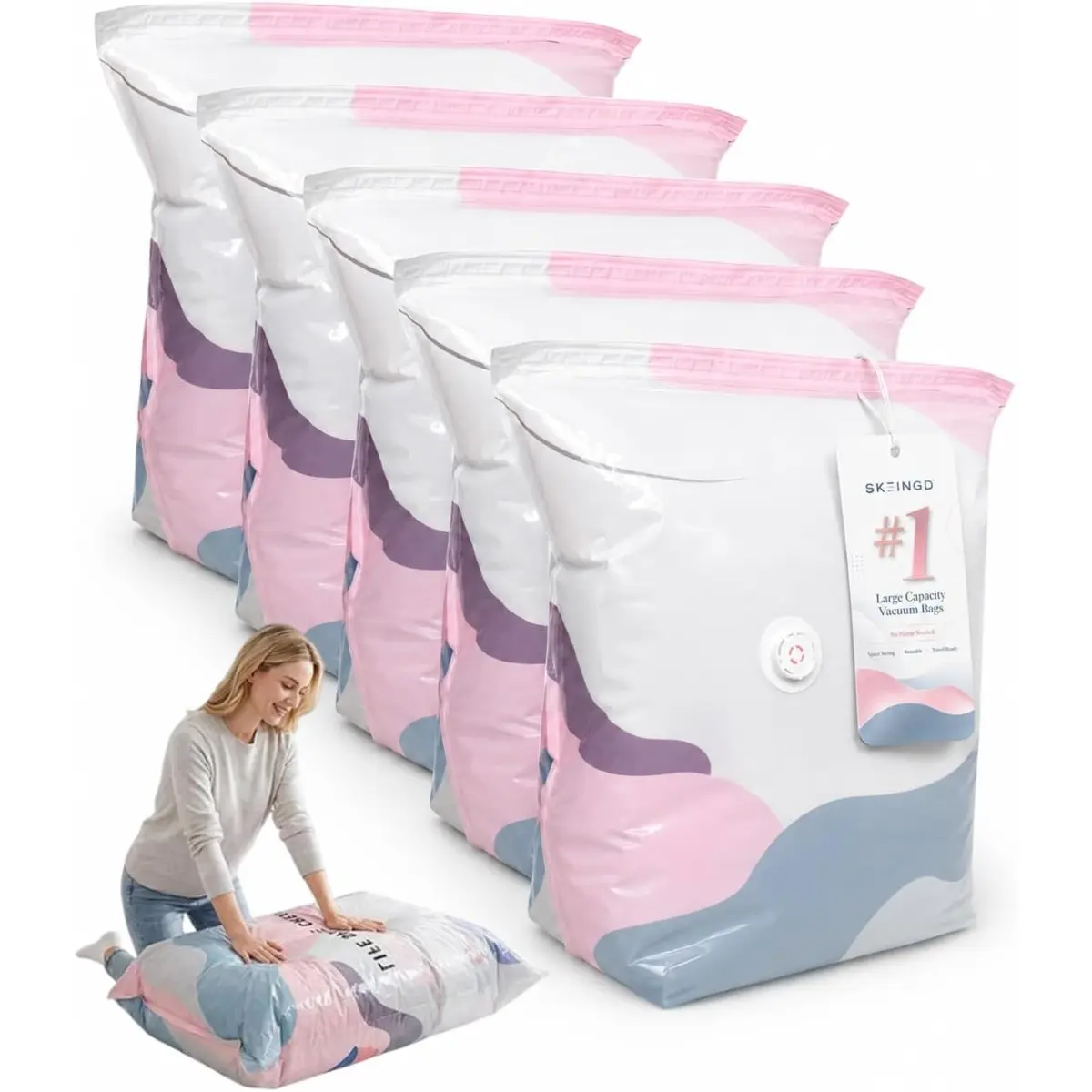5-Pack Large Heavy-Duty Vacuum Storage Bags, Zip-Sealed Instant Compression No Inflation Required, Space Saving Bags for Bedding, Seasonal Clothing, Furniture, Moving & Attic Storage