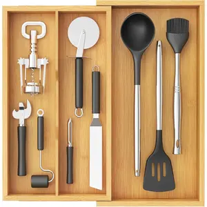 Utensil Organizer for Kitchen Drawer, Expandable Cooking Utensil Tray, Cutlery Silverware Flatware Holder, Wood Adjustable Spatula Tools Storage Divider, 8.9-15.8 x 15.75, Natural