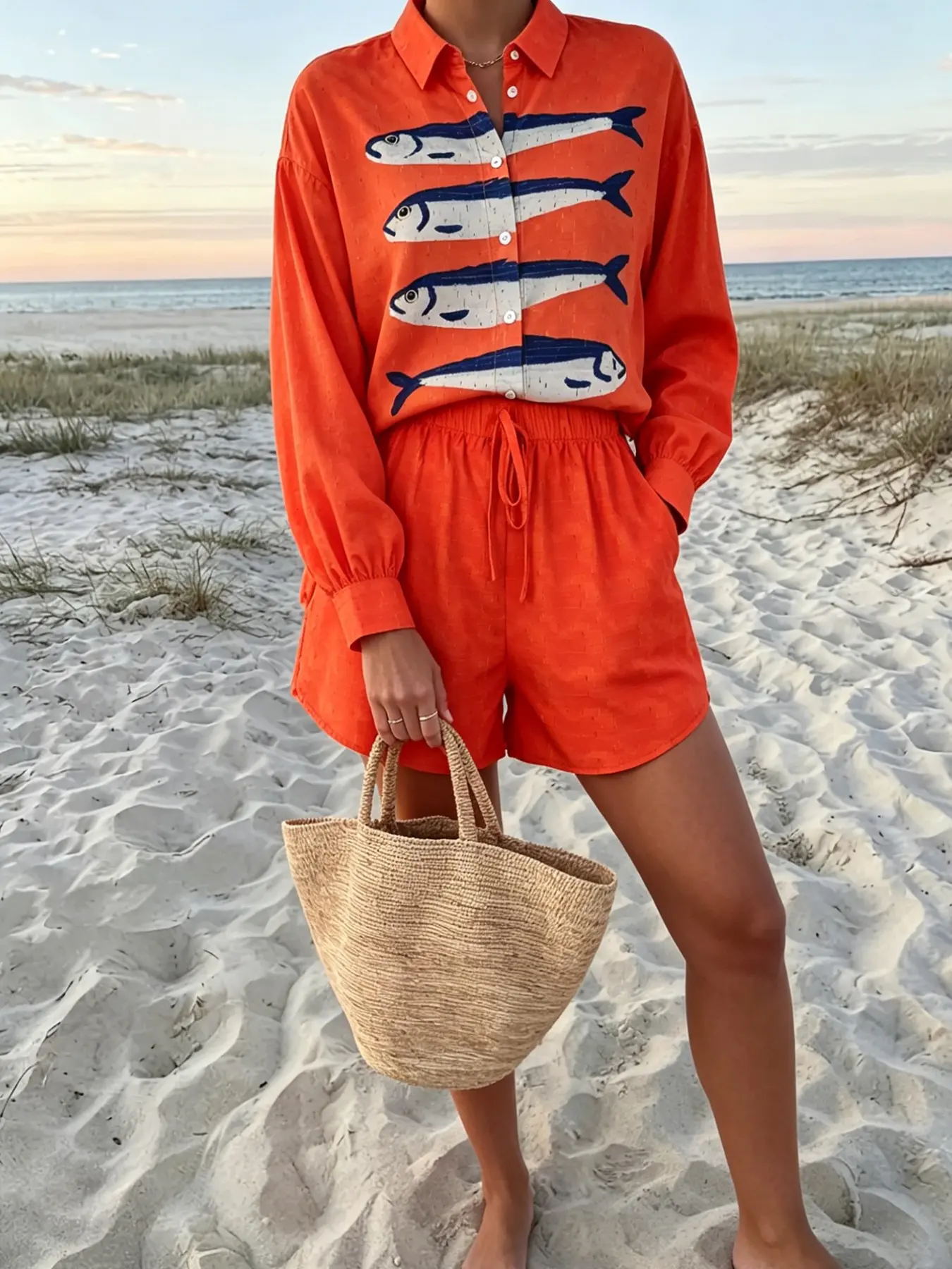 Summer New Sardine Print Sun Protection Shirt + Short Pants Set, Loose-Fitting Casual Women's, Mid Waist, Long Sleeve