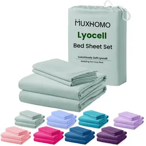 MUXHOMO Tencel & Viscose from Bamboo Cooling Sheet Set, Soft Lyocell Bed Sheet Set with Extra Deep Pocket, Cooling & Breathable Bedding with 1 Fitted Sheet，1 Flat Sheet，1/2 Pillowcases