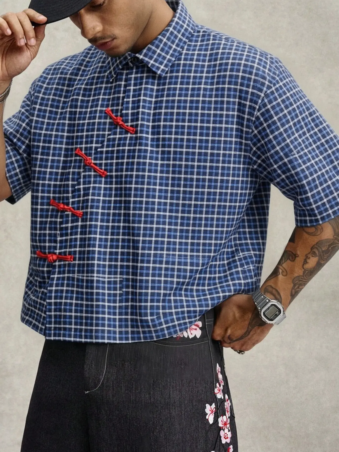 Summer Men's Blue Plaid Short Sleeve Casual Collared Shirt, Traditional Chinese Style, Button Front, Retro Fashion, Essential for New Chinese Streetwear Lovers