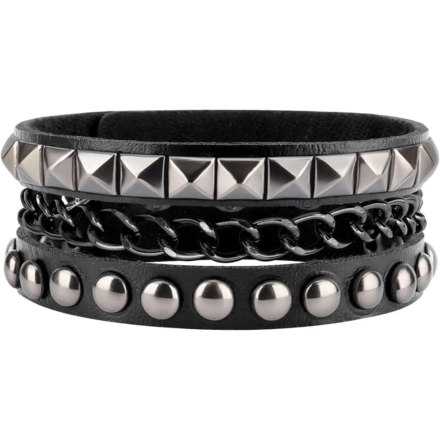 Unisex Rust-Resistant Spiked Studded Leather Alloy Cuff Bracelet 3-Pack - Punk Rocker, Gothic, Grunge Fashion Accessories - Ideal for Party Outfits & Layered Look