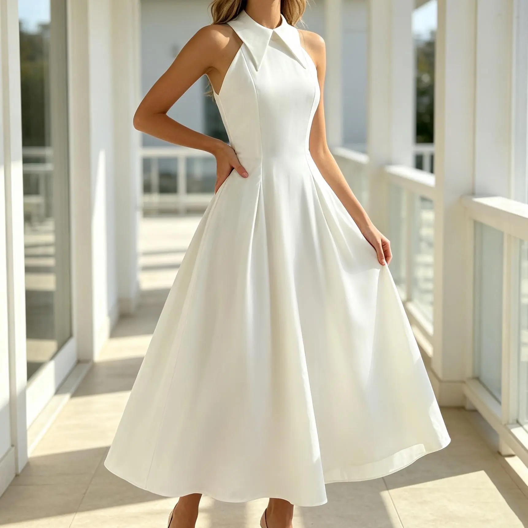 White Halter-Neck Maxi Dress | Flowy A-Line Summer Dress with Pleated Back Detail | Elegant Sleeveless Dress for Vacation, Beach, or Casual Wear; White Wedding Dress