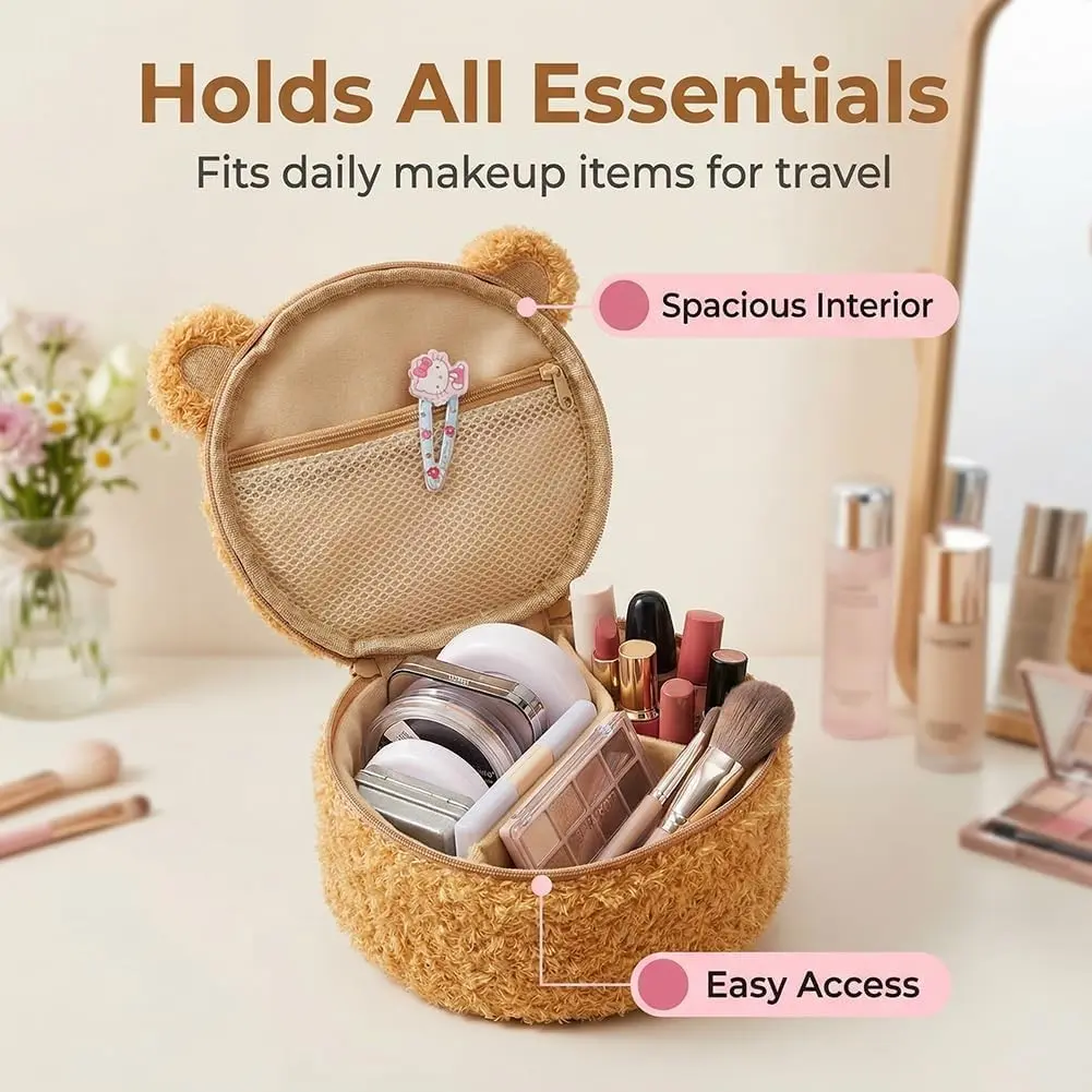 Cute Plush Bear Makeup Bag for Women, Portable Travel Beauty Bag with Cute 3D Design, Embroidered Mesh Compartments, Light, Small Makeup Bag, Cosmetics Bag, Makeup Organizer Pouch, Travel Cosmetic Bags