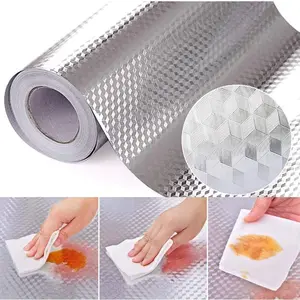 Self-Adhesive Foil Wallpaper, Silver Geometric Cube Texture Backsplash Sticker for Kitchen Cabinets, Drawers, and Shelves, Embroidery