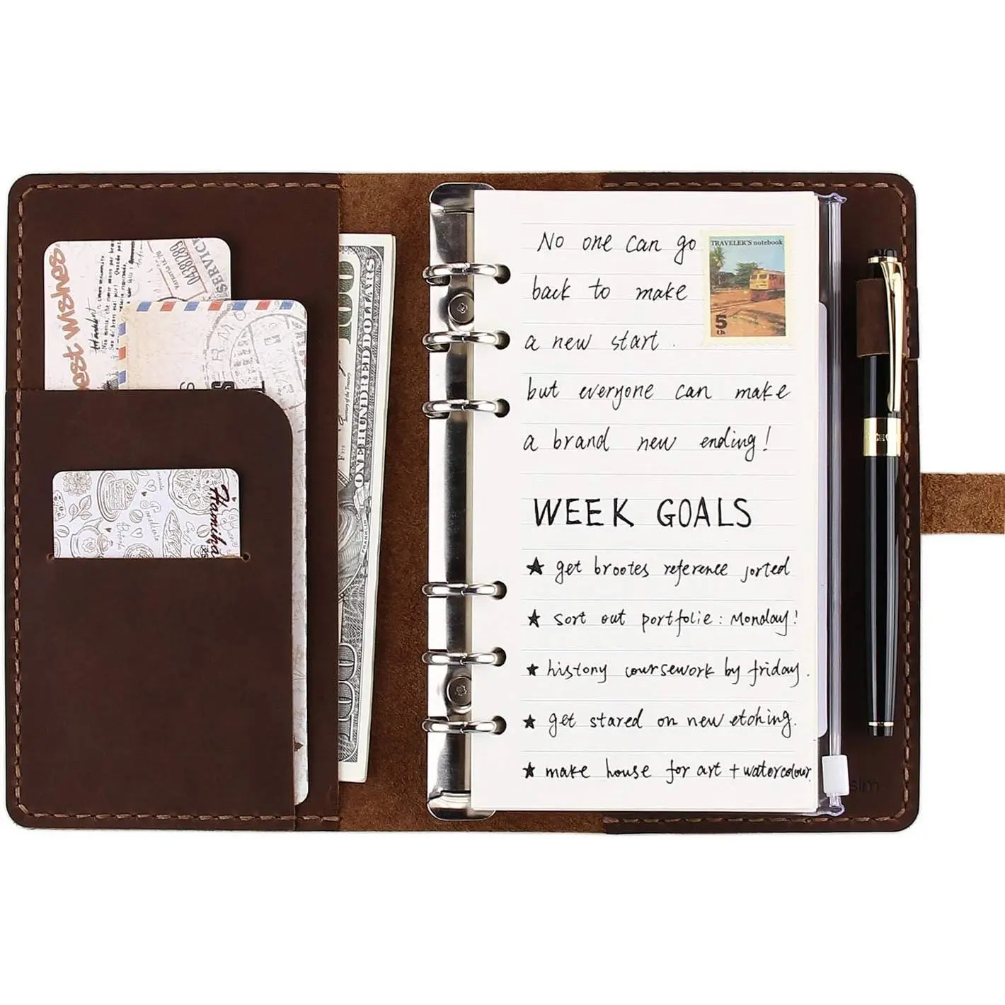 Leather A6 Ring Binder Refillable Journal Notebook, Rustic Archival Pages Reorderable Travel Organizer Agenda for Men/Women - Brown