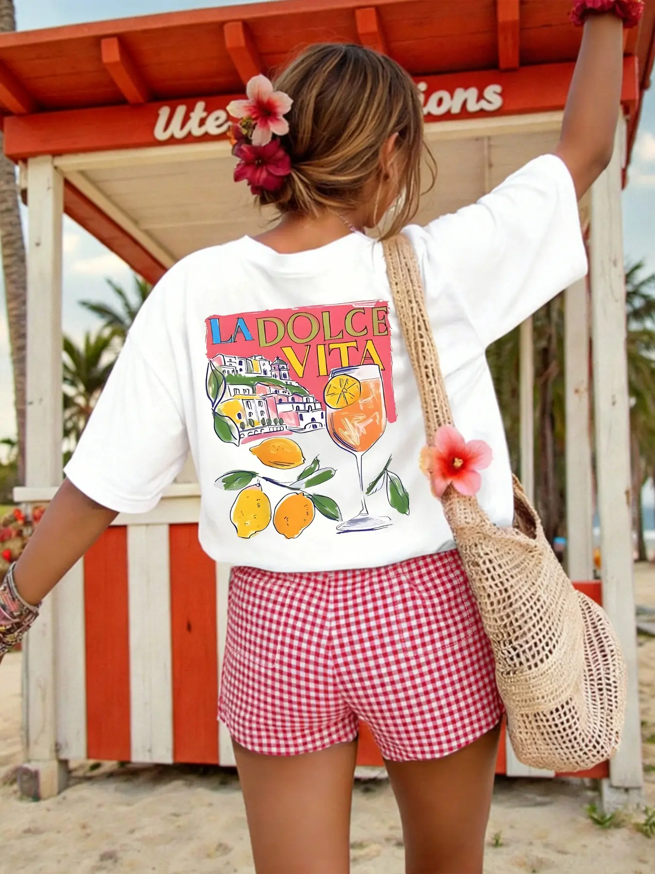 Italian Summer Lemon Amalfi Coast Graphic Prints T-Shirt and Gingham Shorts Set Y2K E Girl Beach Vacation Outfit Aesthetic Trendy Casual Two Piece Set Clothes