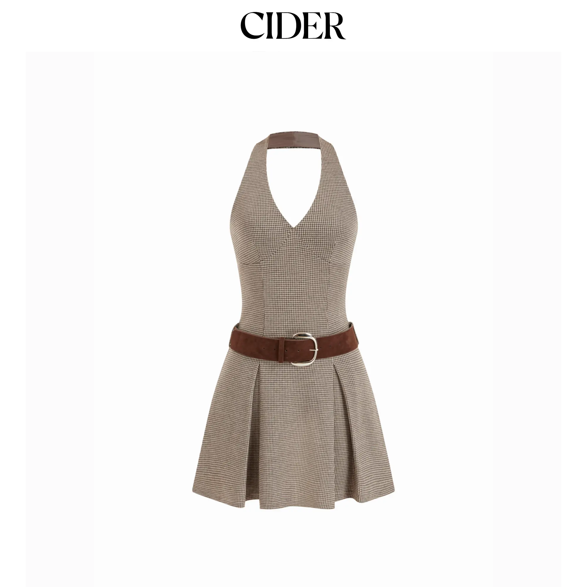 Cider Houndstooth Halter Neckline A-line Mini Dress With Belt SohoChic