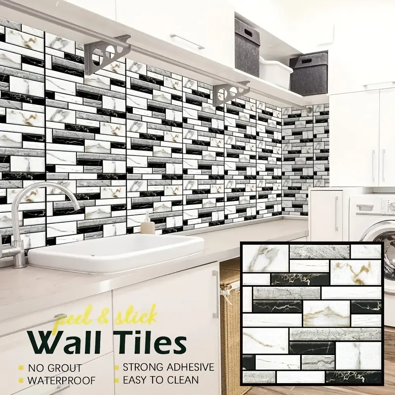 10pcs Indoor Wall Stickers, 3D Free Cut Home Decor, Kitchen Wallpaper Peel and Stick, Self-Adhesive Waterproof Wallpaper for Kitchen Tiles, 11.8"x11.8"