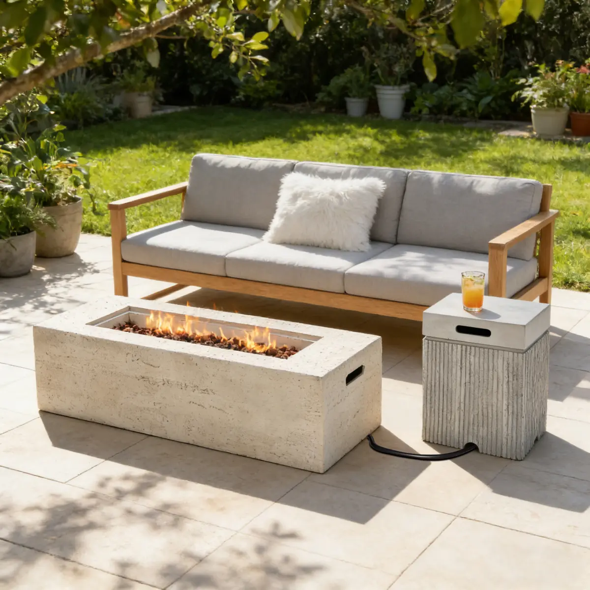 AobtkelU_STYLE Outdoor 2-Piece Furniture Set: 41.9" Rectangular 40000 BTU Propane Heat Fire Pit with Burner, Lava Rocks, Flame Adjustment, 15.75" Magnesium Oxide Tank Concealment Cover Table for 20 lb Tank, Waterproof Patio/Backyard Cover, Two Piece Set